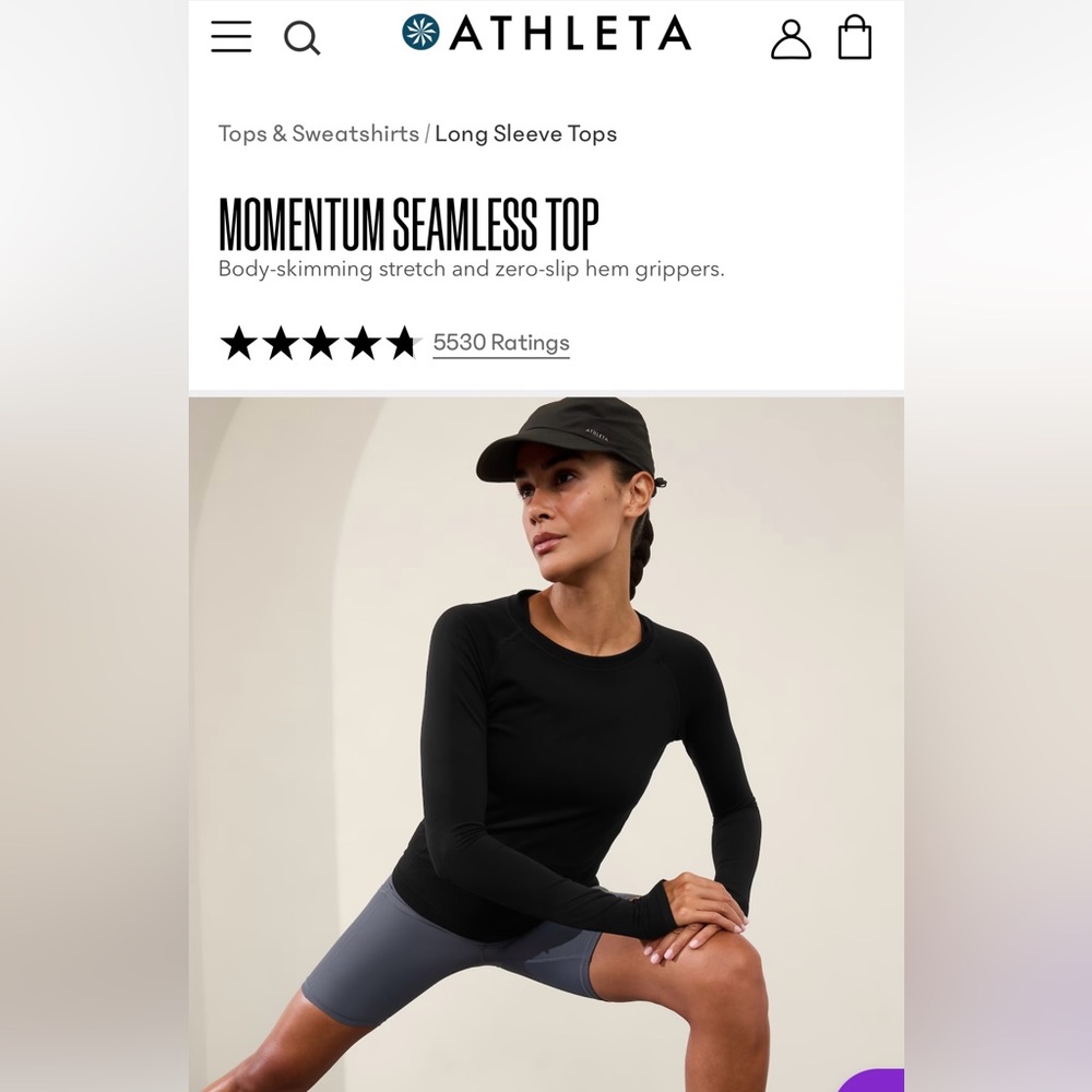 ATHLETA MOMENTUM SEAMLESS TOP, Black - Size Medium